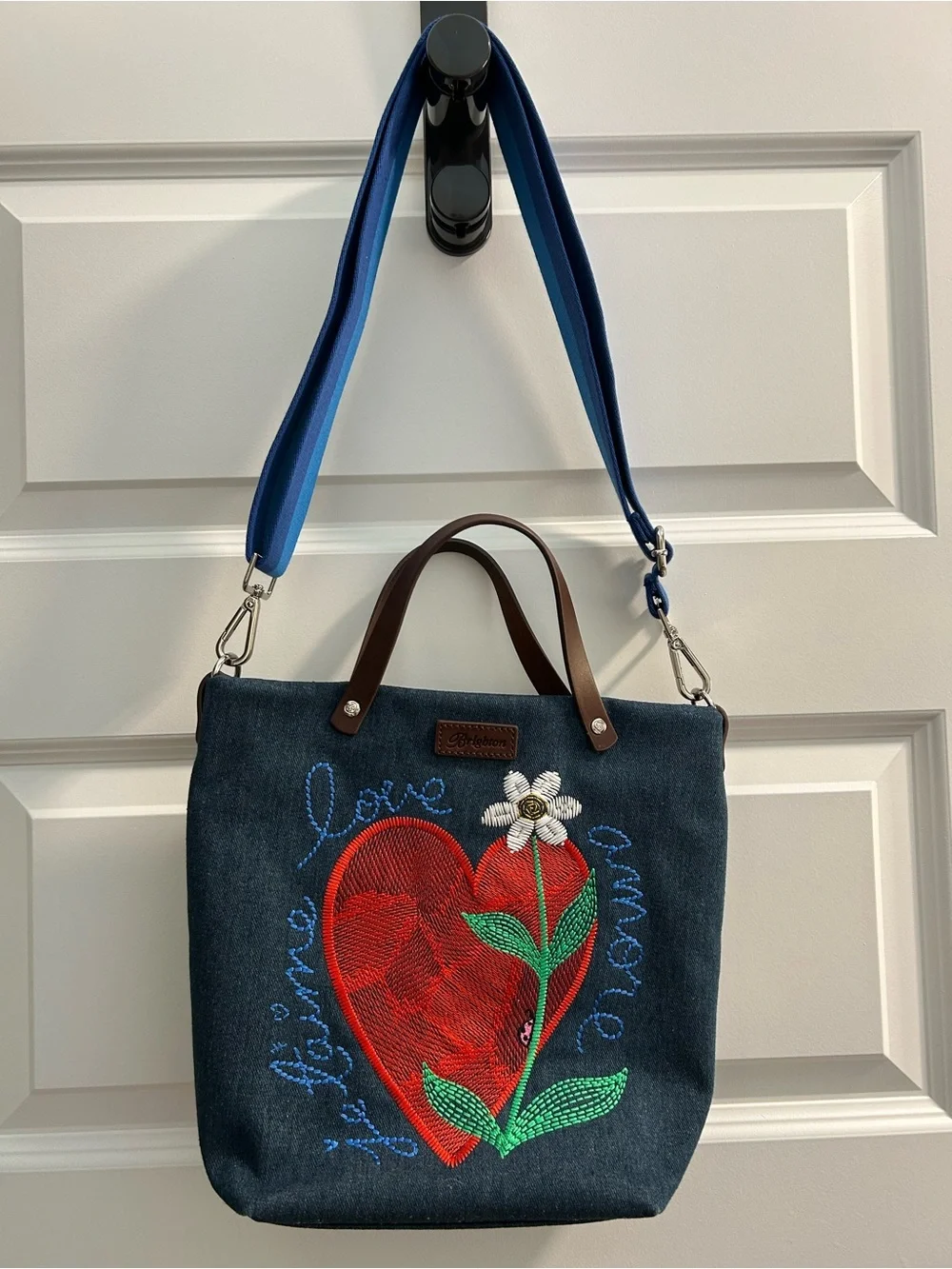 Brighton Navy Denim Tote with Red Heart Embroidery and Blue Strap